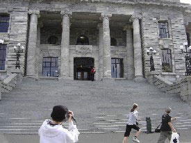 Student outside parliament steps. 