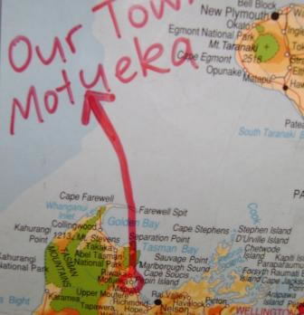 Image of a map pointing to Motueka, North of the South Island, New Zealand