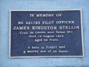 Plaque: IN MEMORY: Sven Stellin, Pilot officer Stellin's nephew and Betty Nicholle, 84, his sister, honour the man who died saving a French Village, and now has a park named after him