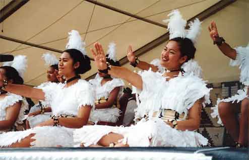 Tongan Dance Costumes: These are the Marcellin Tongan Girls' Group performing at the 2003 Pacific Festival. Photograph copyright by Lyn Potter 2003