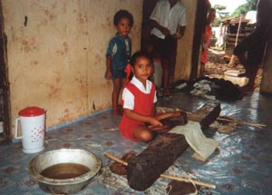 Beating the Tapa: <P>Tapa is made from the bark of the Tutu ( mulberry tree. The bark is first soaked in water overnight. Then the strips are beaten over a log with a wooden club until they become wider and longer. In this photograph Malia Vake shows how to beat tapa with an ike.  </P>
